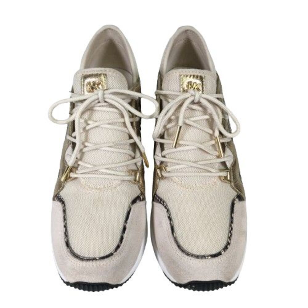 Michael Kors Liv Logo Trainer Extreme Wedge Ivory Brown Gold Womens Shoes Sz 8.5 - Picture 7 of 14